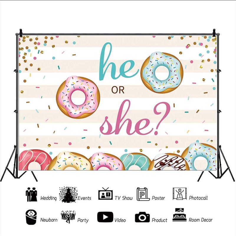 Renaiss 5x3ft Donut Gender Reveal Backdrop He or She Blue or Pink Colorful Donuts Sprinkles Confetti Stripe Sweet Desserts Photography Background for Baby Shower Party Decor Photo Studio Props - Image 4
